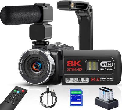 Videokamera 8K Camcorder 64MP WiFi Vlogging Kamera mit IR Nachtsicht für YouTube, 3-Zoll-Touchscreen, 18X Digitalzoom Webcam Camera mit Mikrofon,Stabilisator,Fernbedienung, 64GB SD Karte und 2 Akkus