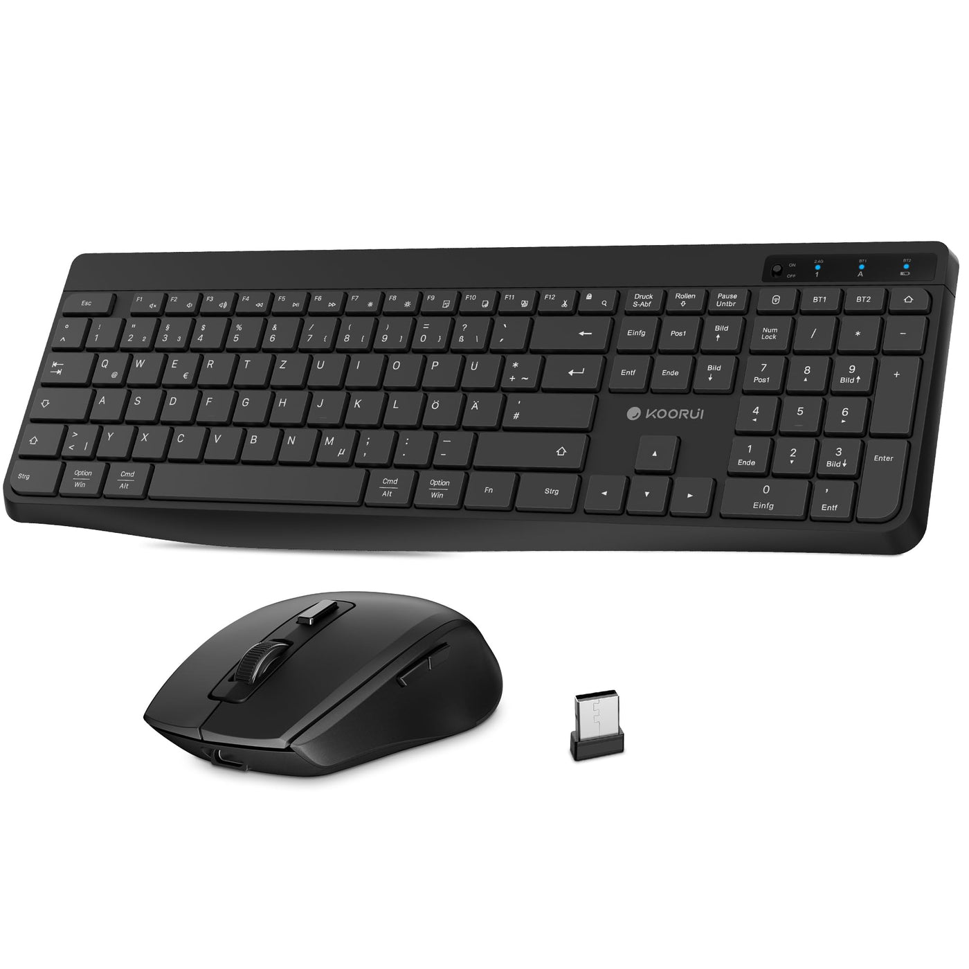 KOORUI Tastatur und Maus Kabellos, Wiederaufladbar Leise Maus Tastatur Set Deutsches Layout QWERTZ mit 12 Funktionstasten 2.4 GHz Tastatur Maus Set für Windows, MacOS, Linux -Schwarz