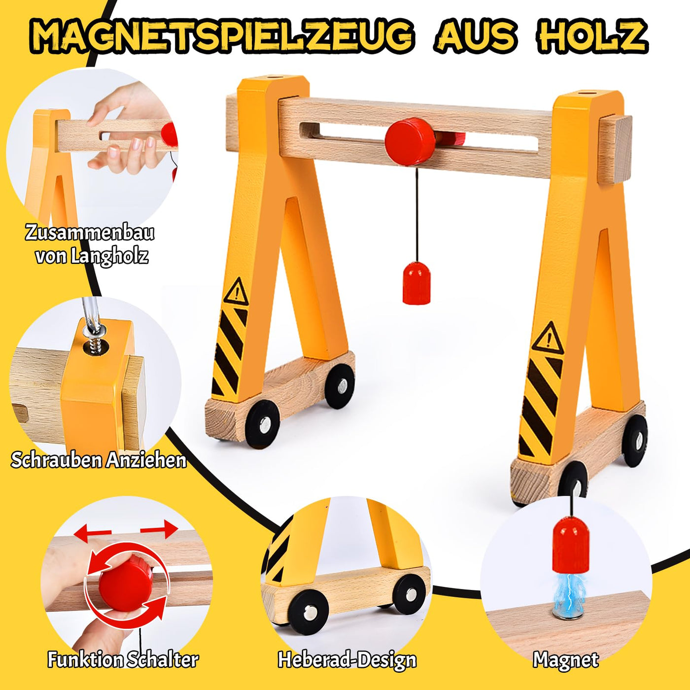 Herenear Baufahrzeuge Kinder Holzspielzeug, Baustelle Kinder, Holz Konstruktions Fahrzeuge Geschenk, Baukästen aus Holz mit Portalkran, Kranwagen, Straßenwalze, Kran, Bagger Spielzeug
