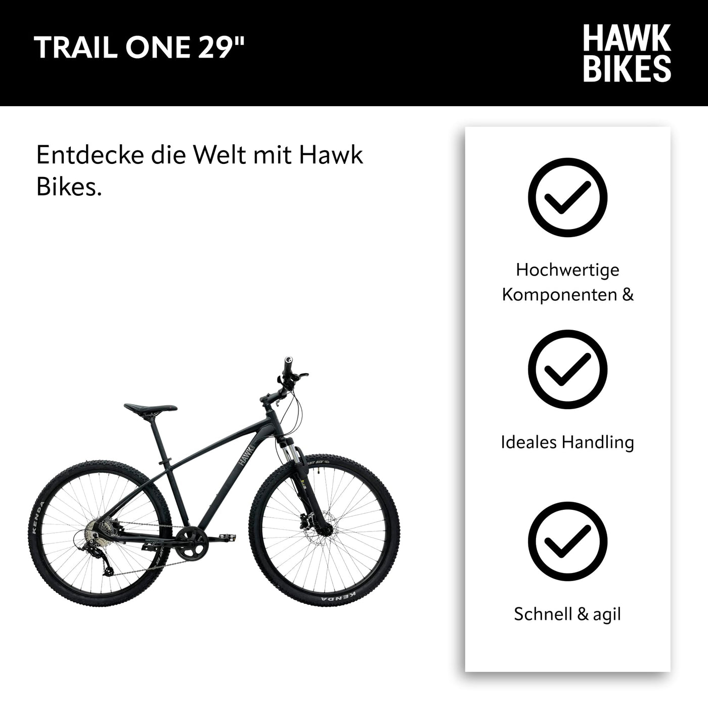 HAWK Trail One 29" Mountainbike XL Schwarz I Offroad Fahrrad mit Zoom Federgabel & Aluminiumrahmen I Mountainbike 29 Zoll, Microshift 9 Gang Schaltung