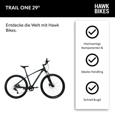 HAWK Trail One 29" Mountainbike XL Schwarz I Offroad Fahrrad mit Zoom Federgabel & Aluminiumrahmen I Mountainbike 29 Zoll, Microshift 9 Gang Schaltung