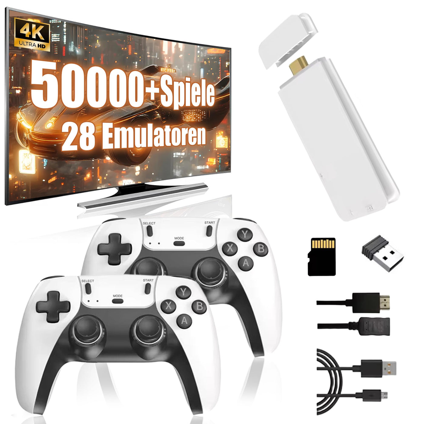 M15 Retro Konsole 4k, Tragbare Video Emulator Spielekonsole mit eingebauten 50000+ Klassische Spiele 28 Emulatoren, Plug and Play Spiel Stick für TV mit 2 x 2.4G Spiel Kontrolleure(128G)
