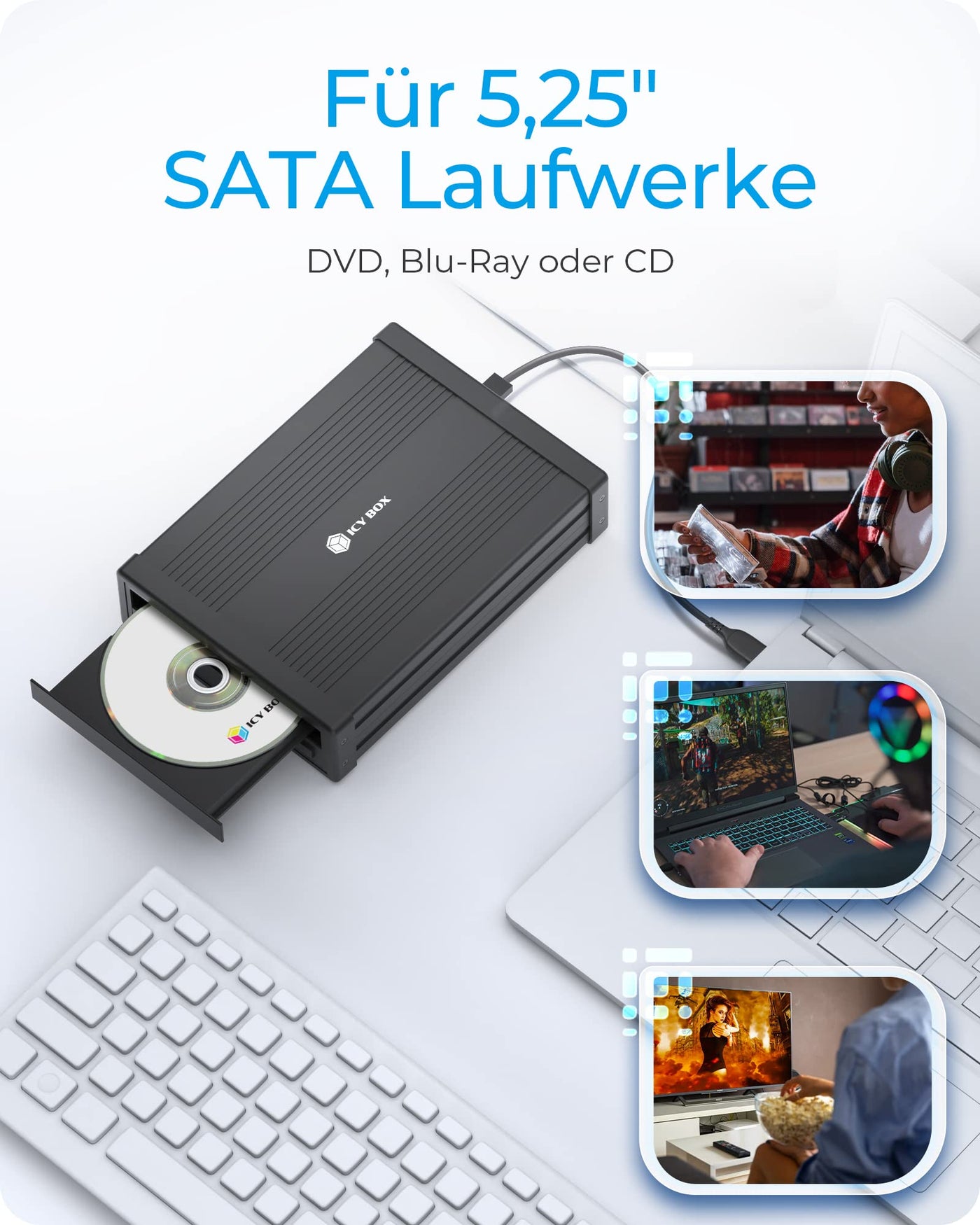 ICY BOX 5,25 Zoll Gehäuse extern für Blu-ray und DVD Laufwerke, USB 3.0, Aluminium, Schwarz, IB-525-U3