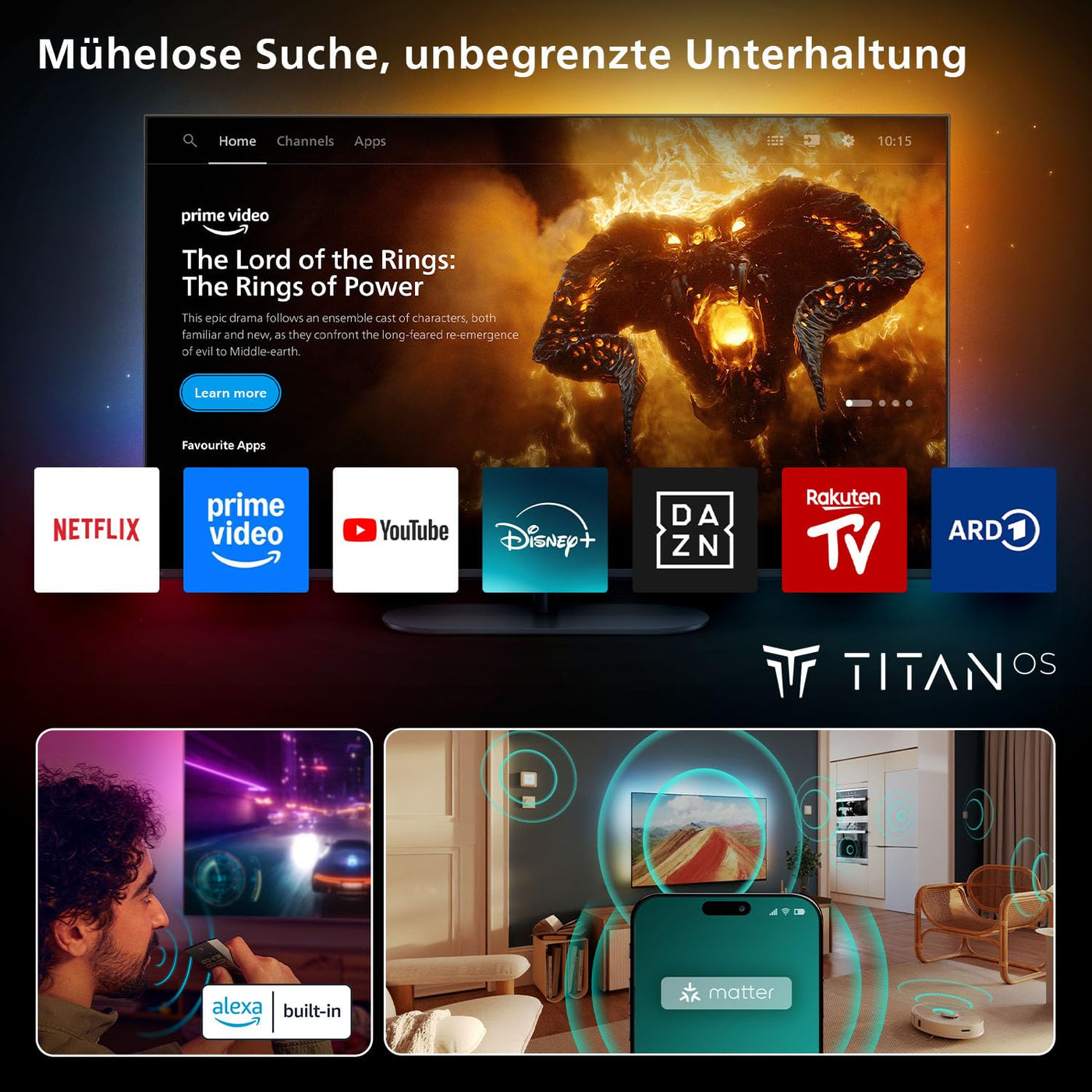 Philips Ambilight 55PUS8600 4K QLED Smart TV - 55 Zoll Display mit P5 Perfect Picture Engine Ultra HD, Titan OS, Dolby Vision und Dolby Atmos Sound