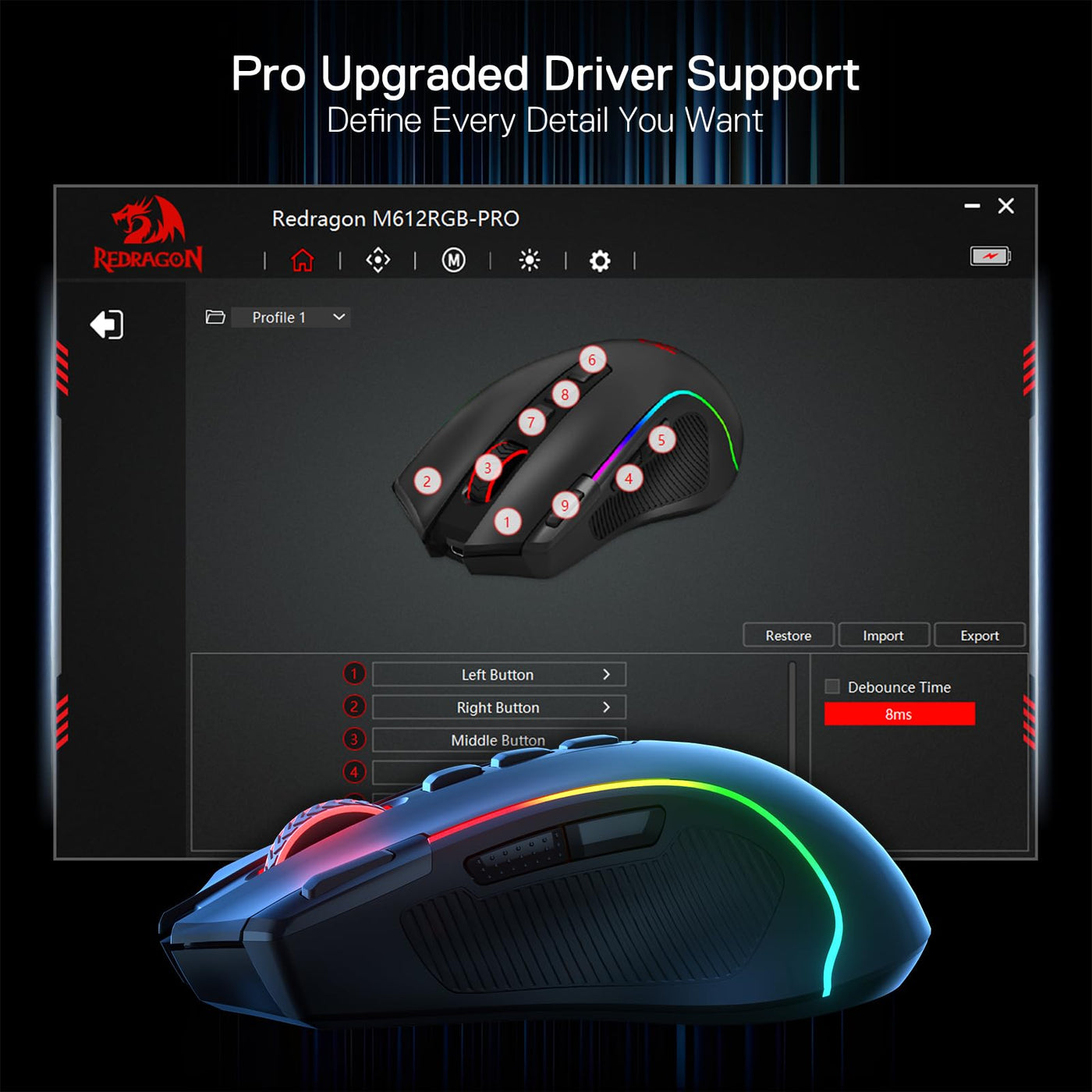 Redragon M612 PRO RGB Gaming Maus 8000 DPI Kabelgebundene/Kabellose Maus mit 9 Programmierbaren Tasten & 6 Hintergrundbeleuchtungsmodi BT & 2.4G Drahtlose Softwareunterstützung