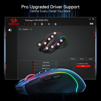 Redragon M612 PRO RGB Gaming Maus 8000 DPI Kabelgebundene/Kabellose Maus mit 9 Programmierbaren Tasten & 6 Hintergrundbeleuchtungsmodi BT & 2.4G Drahtlose Softwareunterstützung