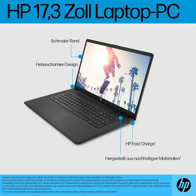 HP Laptop mit 17,3" HD+ Display, Intel Celeron N4500120, 8 GB DDR4 RAM | 256 GB SSD, Intel UHD-Grafik, Windows 11, QWERTZ Tastatur, Schwarz