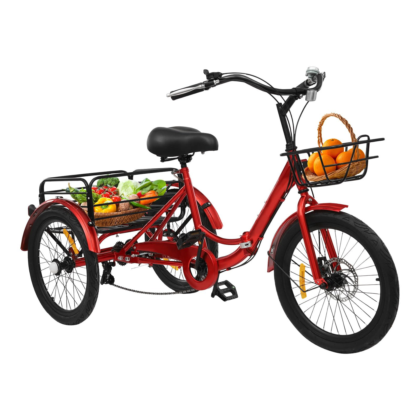 HuKaiL 20 Zoll Faltbar Dreirad für Erwachsene,7 Gang Klappbar Dreiräder mit Einkaufskorb, Höhenverstellbares Dreirädriges für Erwachsene und Senioren zur Freizeitgestaltung, Rot