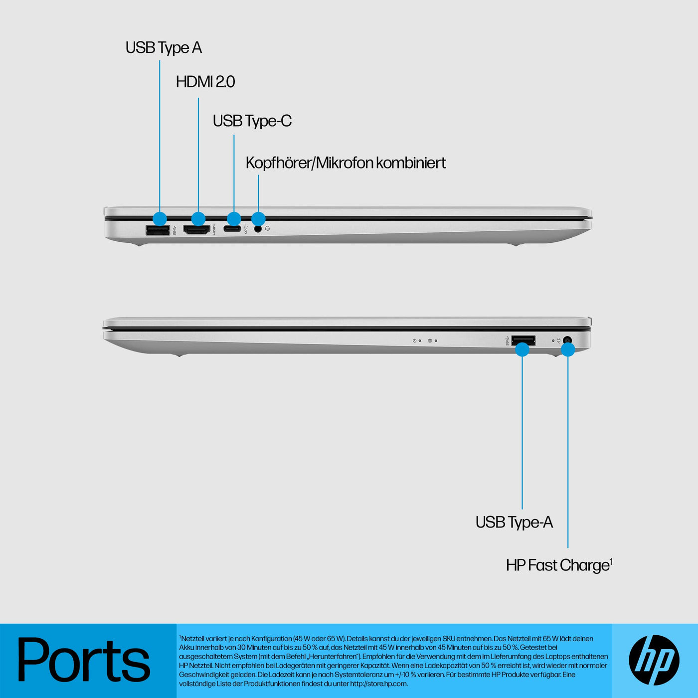 HP Laptop mit 17,3 Zoll (43,9 cm) FHD IPS Display, AMD Ryzen 3 7320U, 8 GB RAM, 256 GB SSD, AMD Radeon-Grafik, Windows 11 Home, QWERTZ Tastatur, HP Fast Charge, Silber