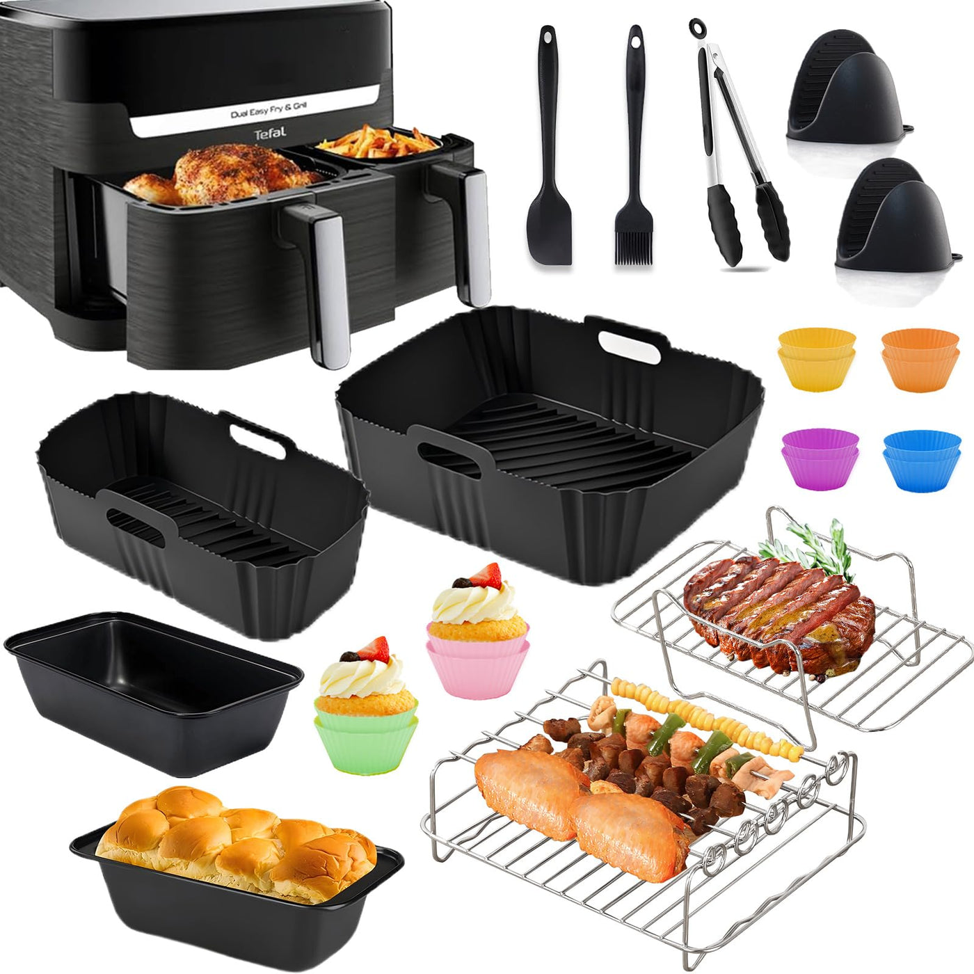 Heissluftfritteuse Zubehör für Tefal EY9018 Dual Easy Fry 5,2/3,1L - 23 Stück Zubehör Heißluftfritteuse Set - Grillrost, Kuchenform, Brotbackform, Airfryer Silikonform für Tower T17099/Salter EK5729
