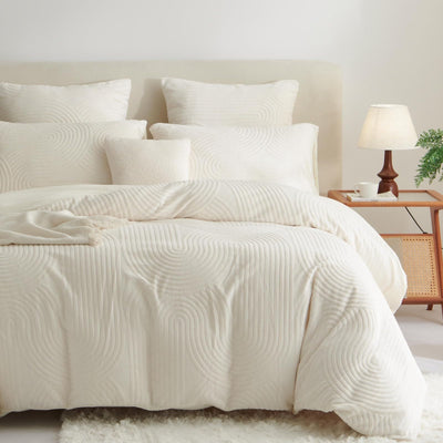 Tospass Plüsch Bettwäsche 220x240cm Beige Jacquard Flanell Samt Biber Bettbezug Warme Cashmere Touch Flauschig Deckenbezug Coral Fleece Winterbettwäsche mit Reißverschluss und 2 Kissenbezug 80x80cm