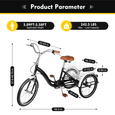 NadineDutol 20 Zoll 1-Gang-Erwachsenen-Dreirad, Senioren-Einkaufs-Dreirad, Cruising-City-Bike Premium-Klapprad geeignet für Outdoor-Sport, Shopping, Freizeit, geeignet für Männer Frauen