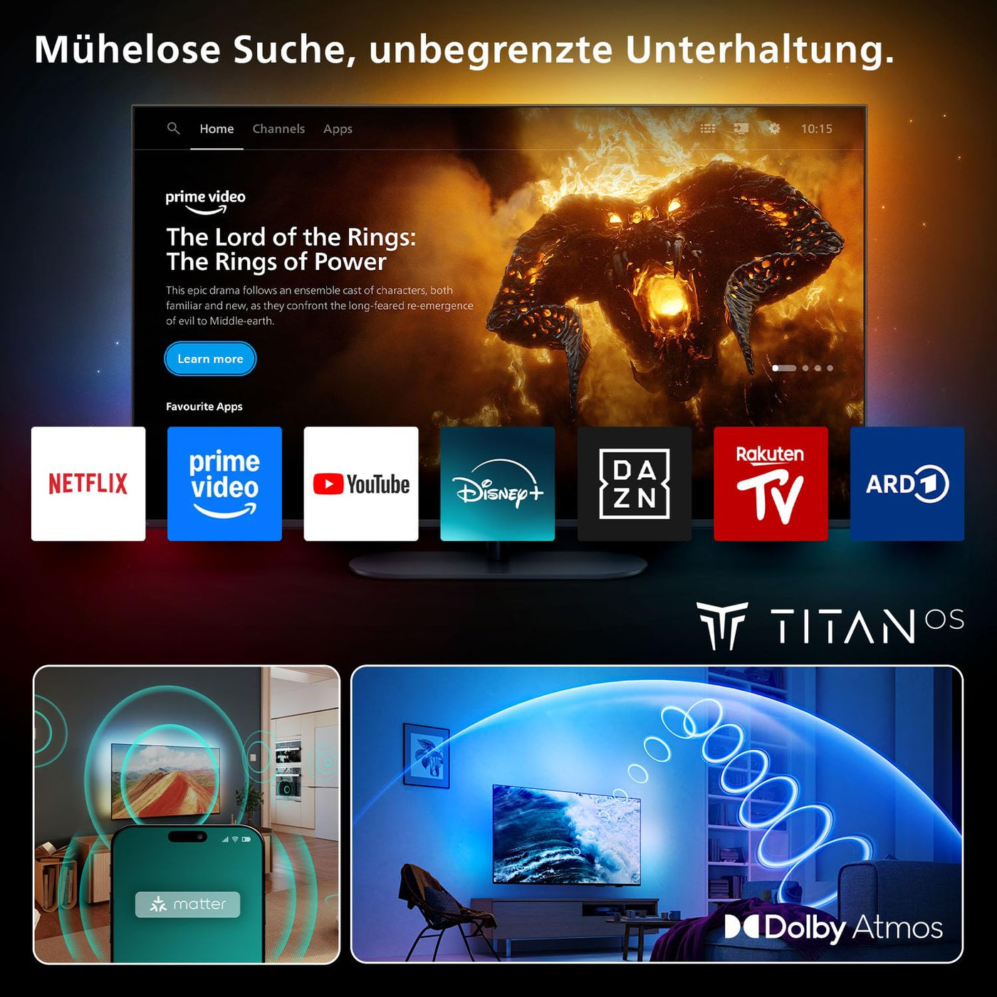 Philips Ambilight 55PUS8200 4K LED Smart TV - 55 Zoll Display mit Pixel Precise Ultra HD, Titan OS, Dolby Vision und Dolby Atmos Sound