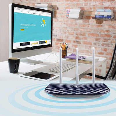 TP-Link Archer C20 Dual Band WLAN Router (300Mbit/s auf 2,4GHz + 433Mbit/s auf 5GHz, 4 10/100 LAN + 1 10/100 WAN Ports, unterstützt einfachen Gast-Netzwerk Zugriff und Kinderschutz) blau weiß