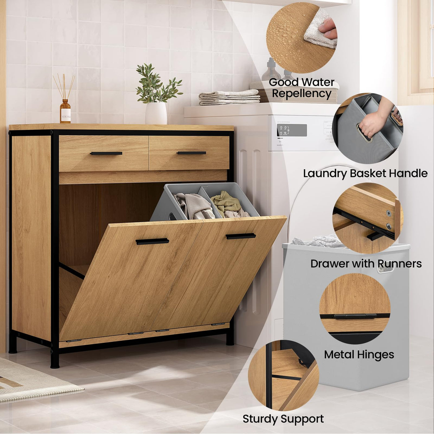 EUGAD Badezimmerschrank mit 2 faltbaren Wäschesäcken, Wäscheschrank mit 2 Schubladen, Wäschesammler Wäschekorb, Badschrank Badmöbel mit Metallrahmen, helle Eiche + Schwarz, 72,5x80x34 cm