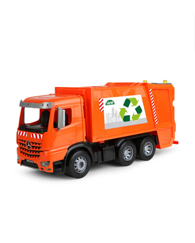 Lena 4614 Worxx Müllauto Mercedes Benz Arocs, Spielauto ca. 53 cm, Nutzfahrzeug für Kinder ab 3 Jahre, robuster Müllwagen mit 2 Mülltonnen und realitischen Spielfunktionen, orange