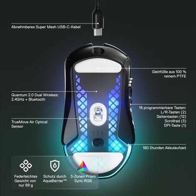 SteelSeries Aerox 9 Wireless - RGB Gaming-Mouse mit Öffnungen in der Oberfläche - Federleichtes, wasserabweisendes Design - 18 Tasten - Bluetooth/2,4 GHz – Optischer TrueMove Air-Sensor mit 18.000 DPI