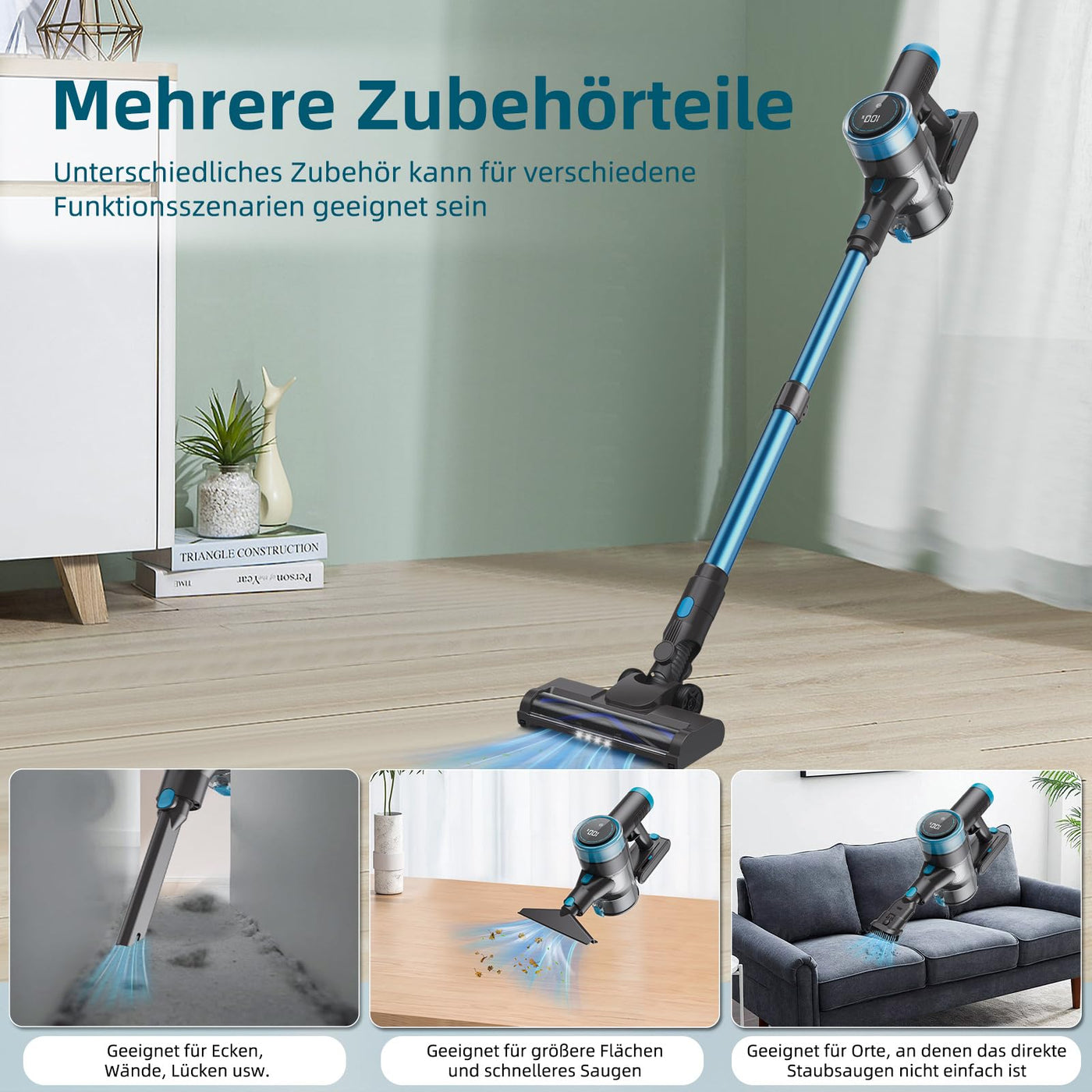 Quilted Northern 45KPa/550W/65Mins Akku Staubsauger, 1.5L Staubsauger Kabellos mit LED Touchscreen/Anti-Tangle-Bürste, Stabstaubsauger mit 4 Staubsaugerköpfe, für Hartböden/Teppich/Tierhaare