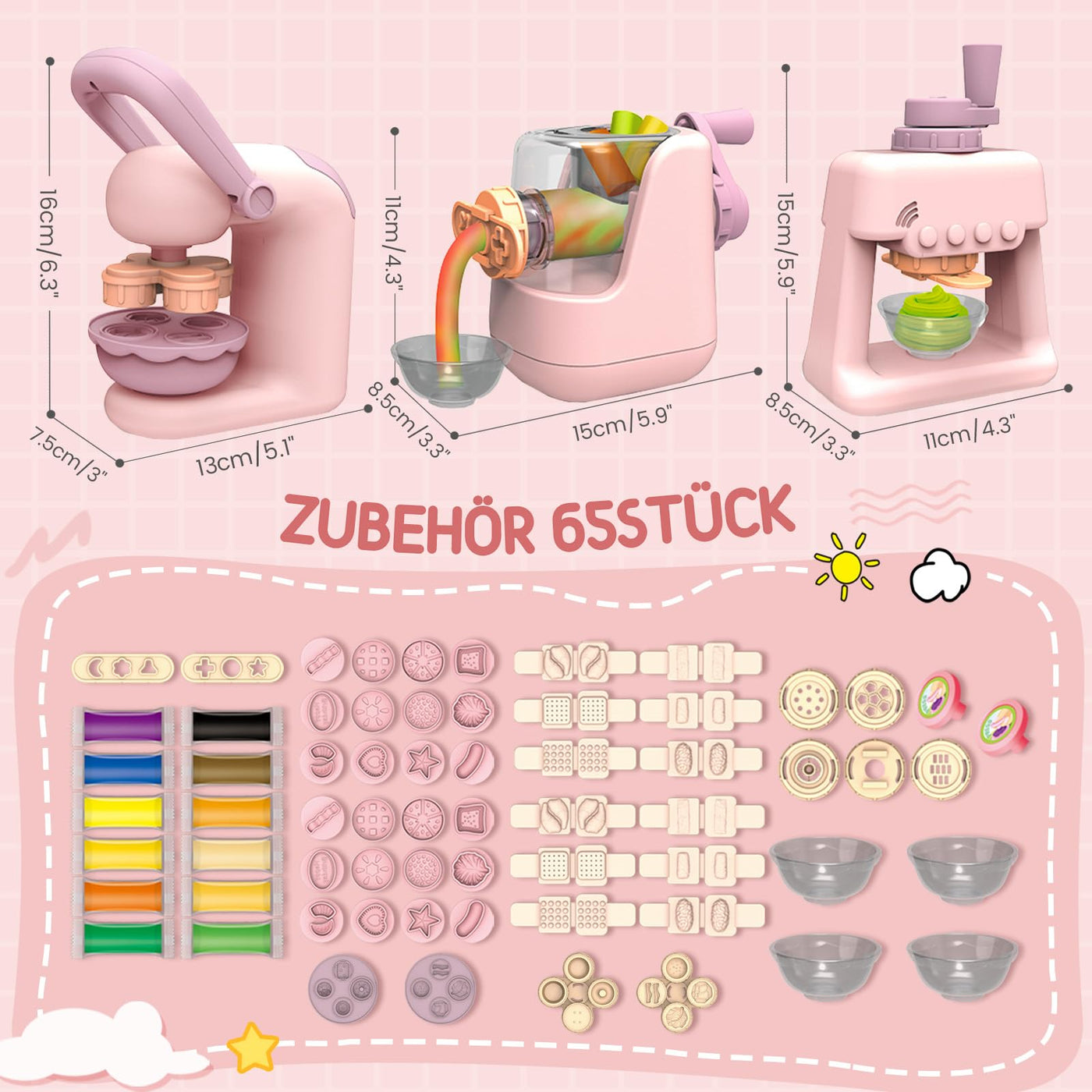 JONRRYIN Knete Set für Kinder, 65 Stück Knete Zubehör Knetwerkzeug mit 12 Modelliermasse, Kreatives Kinderknete Dough Nudelmaschine Spielset Geschenk für Mädchen & Junge (Rosa)