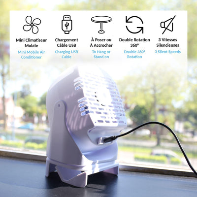 FISHTEC Mini-Klimagerät – Zerstäuber und Luftkühler – tragbarer Ventilator wiederaufladbar USB – 3 Geschwindigkeitsstufen – leise – 2 Wassertanks – 360 ° drehbar – ohne Ablauf
