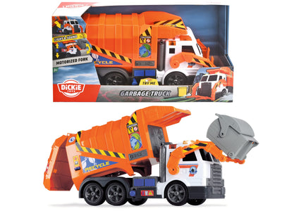 Dickie 186380 Toys Müllauto, Müllabfuhrwagen, Müllwagen, Spielzeugauto, batteriebetriebene Gabel mit Mülltonne, Kippfunktion, Licht & Sound, inkl. Batterien, 46 cm groß, ab 3 Jahren