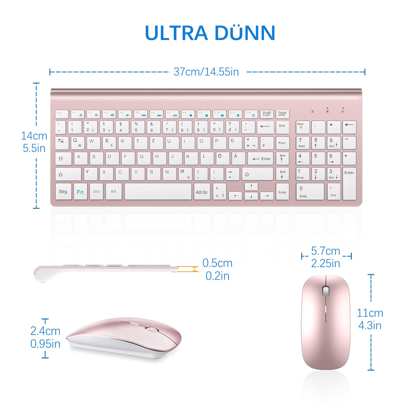 Tastatur Maus Set Ultra Slim, TopMate 2,4G Stille Compact USB 2400DPI Maus und Schissschalter Tastatur mit Abdeckung, mit 2 AA & 2 AAA Batterien für PC/Laptop/Windows/Mac-Rose Gold Weiß