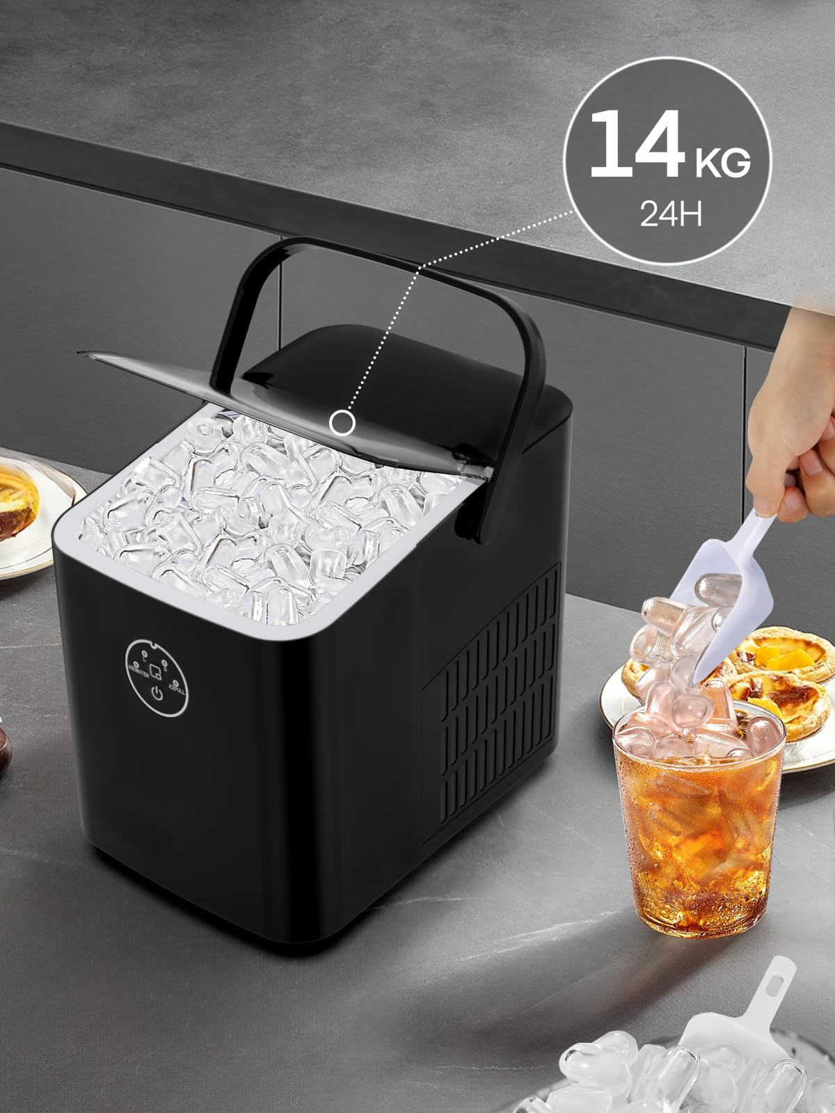 FOHERE Eiswürfelmaschine Klein, 14 kg 24 Stunden, Eiswürfel in 6 Minuten, 2 Größen von Bullet Ice, Selbstreinigende Ice Maker mit Griff, Eisschaufel u. Korb, Eiswürfelbereiter für Party, Büro, RV