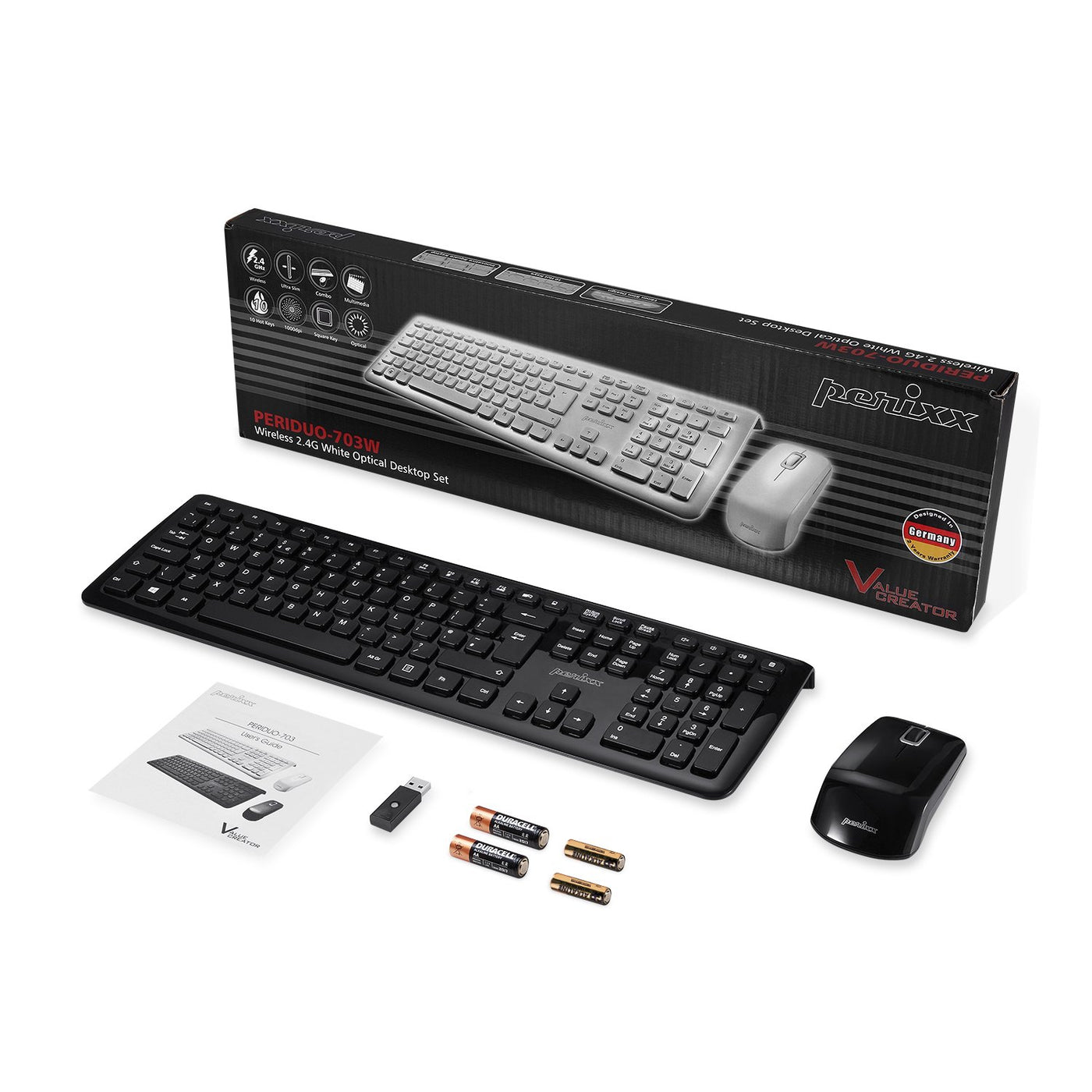 Perixx PERIDUO-703B DE, Kabellose Tastatur und Maus Set, 2.4G Funkt mit bis zu 10m Reichweite, Mini USB Empfänger, Klavierlack Schwarz , QWERTZ DE Layout