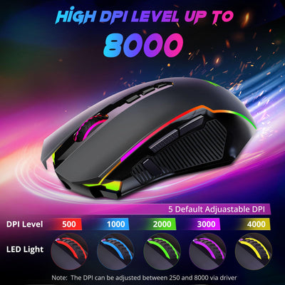 Redragon Gaming Maus Kabellose, RGB Wiederaufladbare Gaming-Maus mit 9 Macro Editing Programmierbare Tasten/8000 DPI, Ergonomische Wireless Gaming Maus, 70Hrs fur PC/Mac Gamer