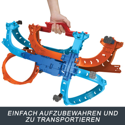Hot Wheels Spielzeugauto Trackset, Ultra Hots Rasanter Wettkampfstart mit 2 Fahrzeugen im Maßstab 1:64, Kopf-an-Kopf-Rennen und Stunts, 2 manuell bedienbare Starter, HXR71