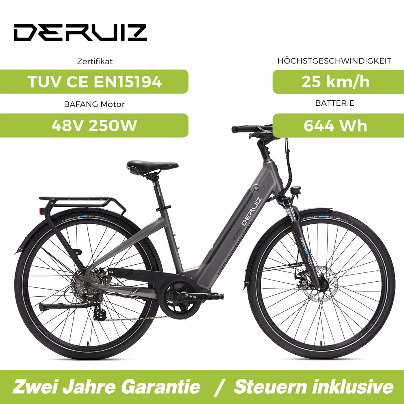 DERUIZ E-Bike 28 Zoll E Bike Damen Elektrofahrrad Herren Pedelec Citybike, 250W/48V/13,4AH 40N.m BAFANG Motor, Trekking Ebike Cityrad für Damen, 25km/h, QUARTZ Grey