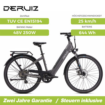 DERUIZ E-Bike 28 Zoll E Bike Damen Elektrofahrrad Herren Pedelec Citybike, 250W/48V/13,4AH 40N.m BAFANG Motor, Trekking Ebike Cityrad für Damen, 25km/h, QUARTZ Grey