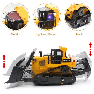 fisca RC Bulldozer, Ferngesteuerter 1/16 Voll Funktionsfähiges Baufahrzeug Ferngesteuerter Schwerer Bulldozer, 2.4 GHz 11-Kanal-Dozer-Frontlader-Spielzeug mit Licht und Sound für Kinder