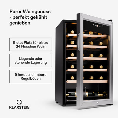 Klarstein Weinkühlschrank,1 Zone Getränkekühlschrank, Leiser Indoor/Outdoor Kühlschrank, 63 Liter Flaschenkühlschrank Klein, Weinschrank für Getränke, Weinkühler für 24 Flaschen, 5-18°C