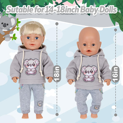 4 Stück Puppenkleidung für 14–18 Zoll große Babypuppen, 35-45cm Baby Puppen Outfits mit Koala, 43cm Süße PuppenKleidung Zubehör mit grau Koalahoodie + Hose + Socken + Kleiderbügel
