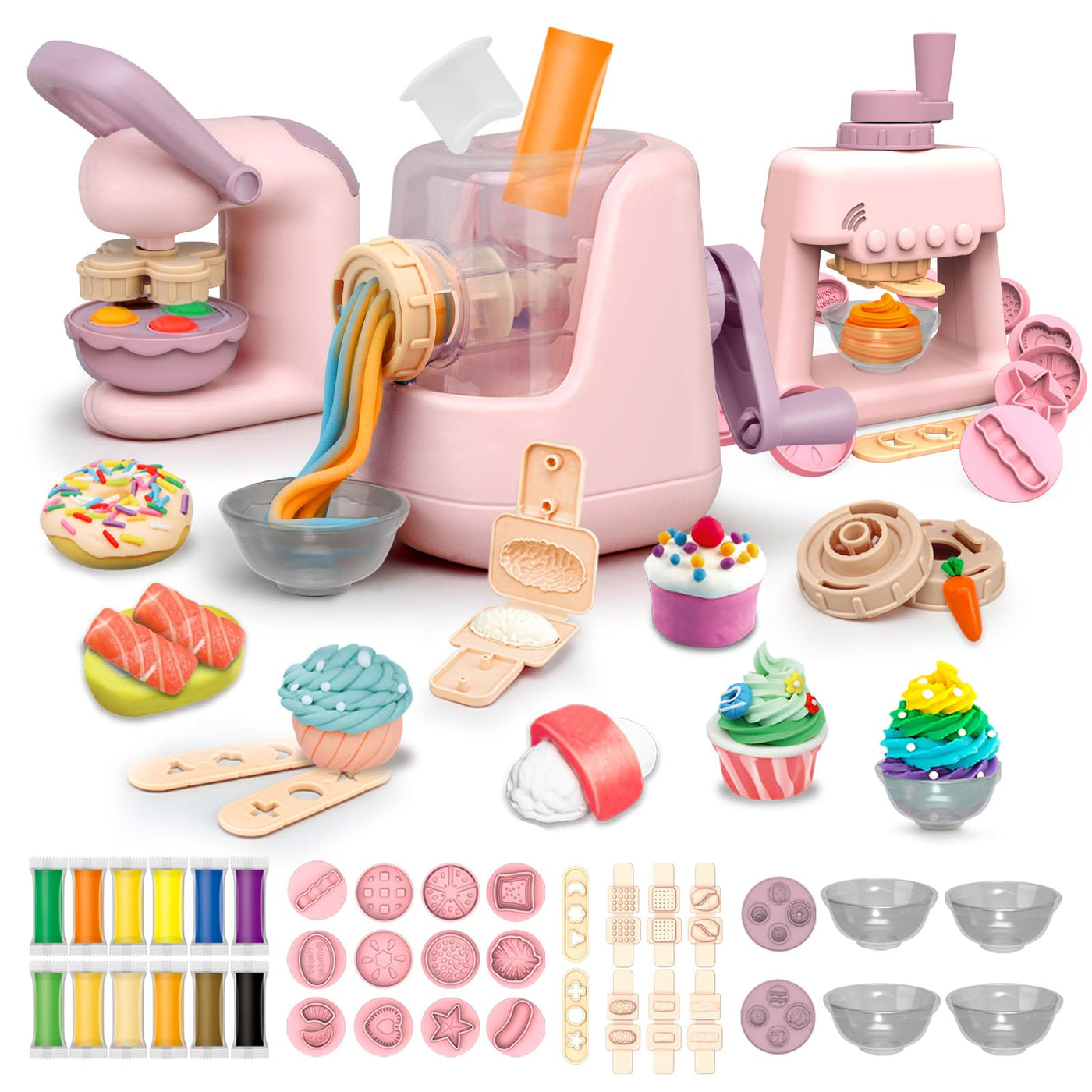 JONRRYIN Knete Set für Kinder, 65 Stück Knete Zubehör Knetwerkzeug mit 12 Modelliermasse, Kreatives Kinderknete Dough Nudelmaschine Spielset Geschenk für Mädchen & Junge (Rosa)