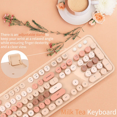 Tastatur Maus Set Kabellos, 2.4GHz tastatur kabellos mit abnehmbaren runden Tastenkappen, Niedliche 104 Tasten Milchtee Tastatur und Maus für Office Home Gaming
