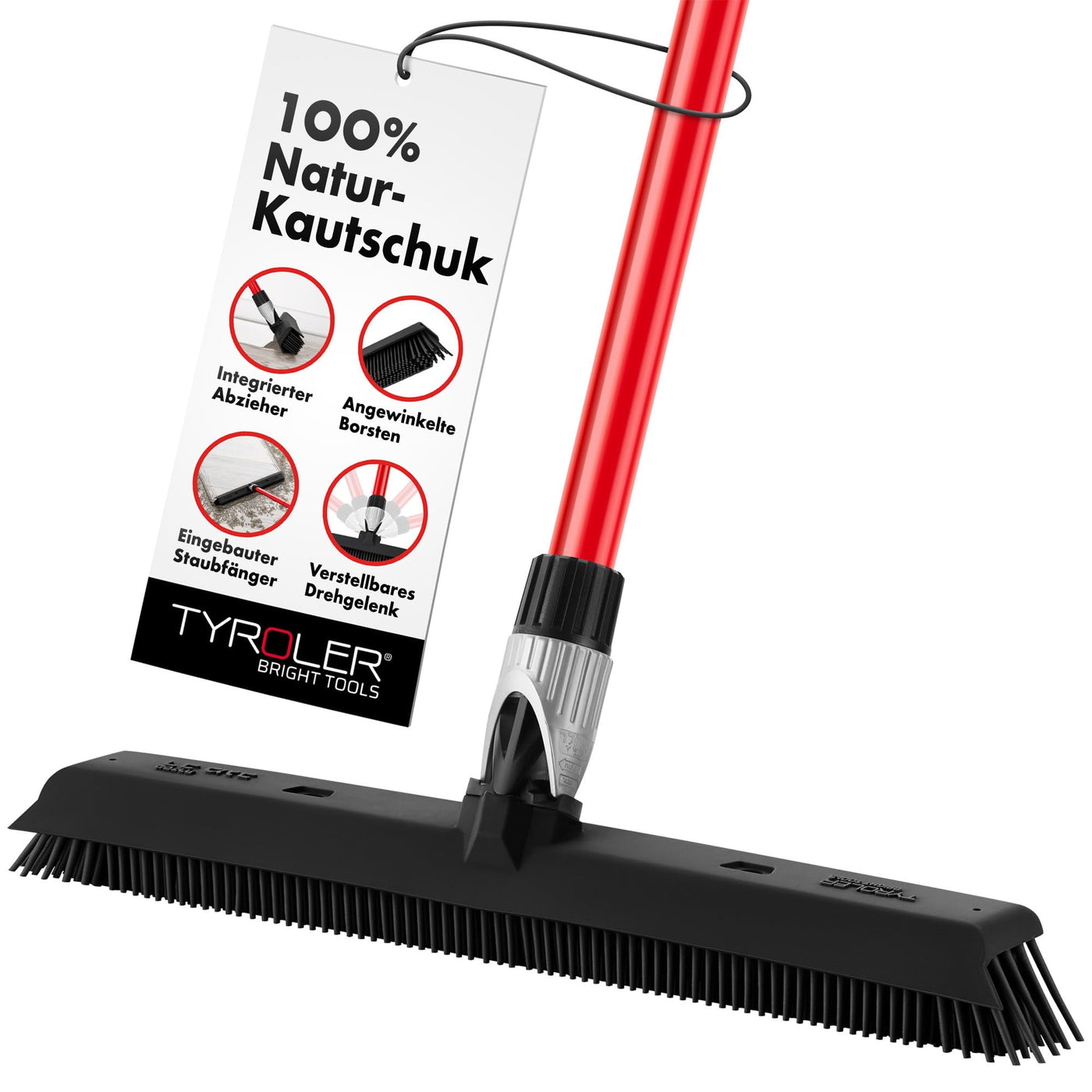 Tyroler Gummibesen & Bodenabzieher | Kehrbesen-Kopf aus 100% Naturkautschuk 41cm | Besen mit Stiel und 140cm Anti-Rost-Griff | Gummibesen mit Abzieher | Gummibesen mit Stiel | Gummibesen Tierhaare