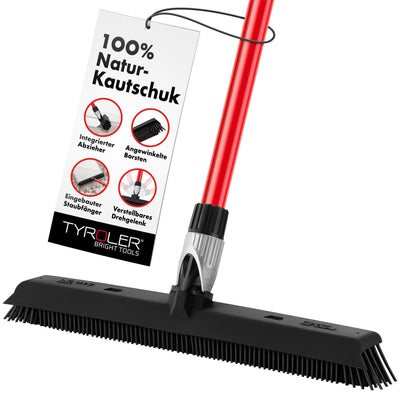 Tyroler Gummibesen & Bodenabzieher | Kehrbesen-Kopf aus 100% Naturkautschuk 41cm | Besen mit Stiel und 140cm Anti-Rost-Griff | Gummibesen mit Abzieher | Gummibesen mit Stiel | Gummibesen Tierhaare