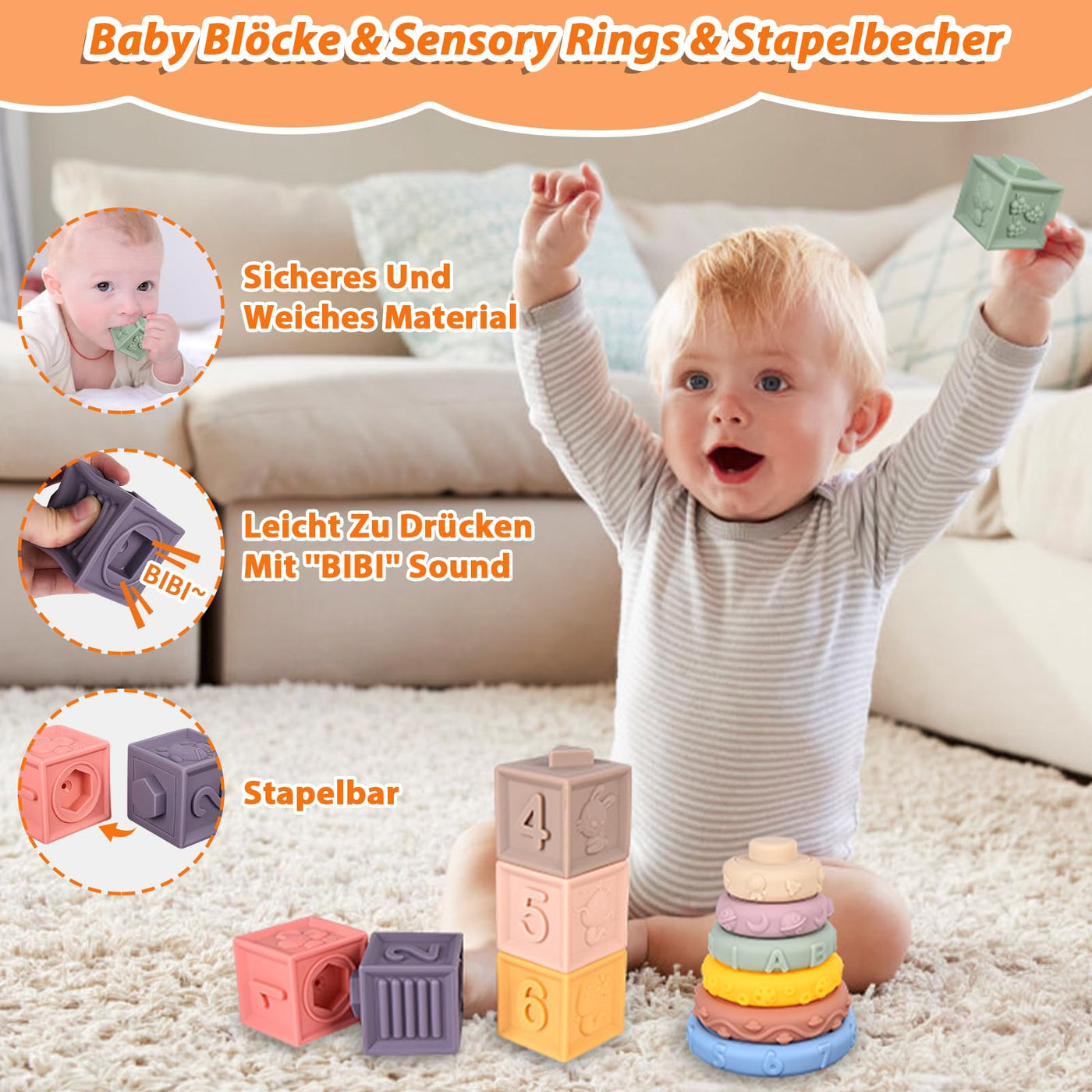 Herenear 6 in 1 Montessori Spielzeug Baby, Spielzeug Baby ab 6 Monate, Motorikspielzeug, Stapelspiel Bausteine, Tissue Box, Montessori Spielzeug ab 1 Jahr, Geschenk für Junge Mädchen
