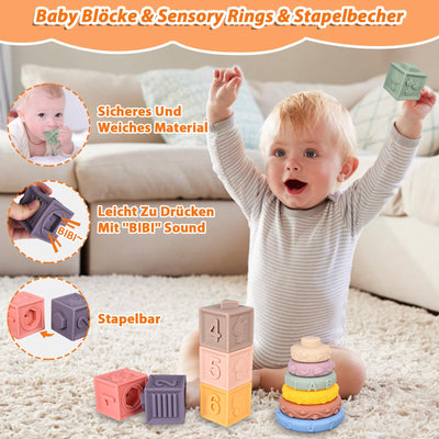 Herenear 6 in 1 Montessori Spielzeug Baby, Spielzeug Baby ab 6 Monate, Motorikspielzeug, Stapelspiel Bausteine, Tissue Box, Montessori Spielzeug ab 1 Jahr, Geschenk für Junge Mädchen