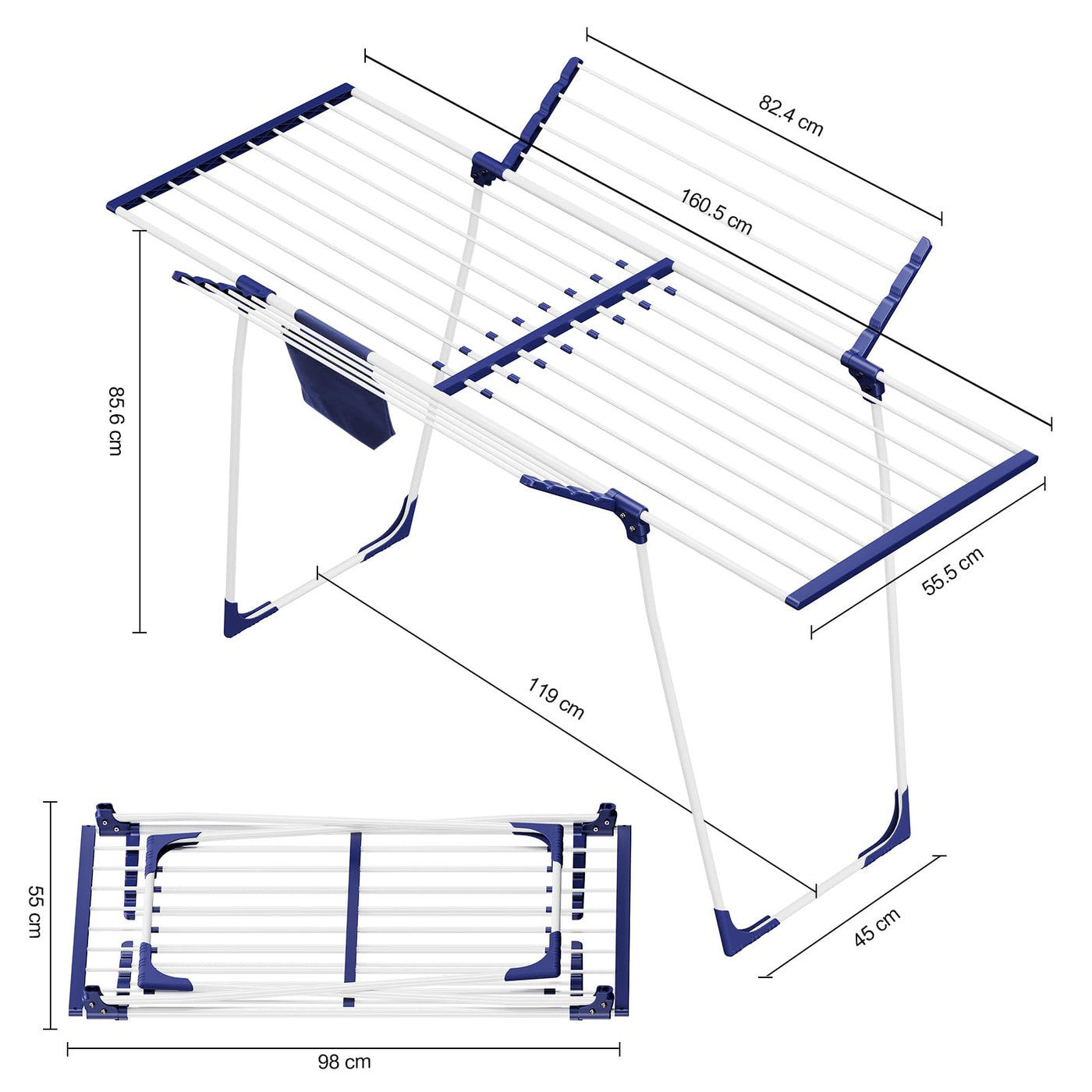 SYKIARIOL Wäscheständer, Flügelwäschetrockner, Standtrockner mit Flügeln, Ausziehbarer Klappbarer Wäscheständer mit Klammerbeutel und Sockenhalter, Für Kleidung und Handtücher Geeignet