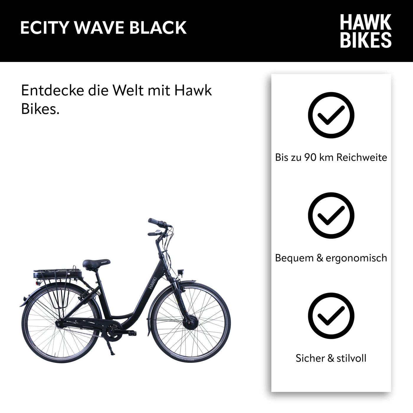 HAWK eCity Wave Black E-Bike Herren & Damen 250W I Stadtrad mit leichtem Aluminiumrahmen I E Bike Herren 28 Zoll mit 7-Fach Nabenschaltung