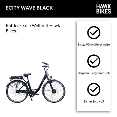 HAWK eCity Wave Black E-Bike Herren & Damen 250W I Stadtrad mit leichtem Aluminiumrahmen I E Bike Herren 28 Zoll mit 7-Fach Nabenschaltung