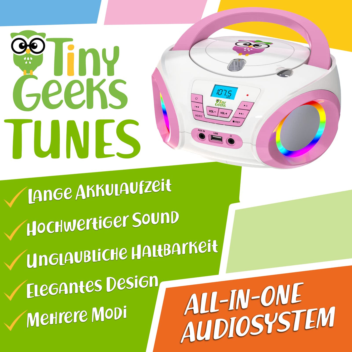 TinyGeeks Tunes Kids Boombox CD-Player für Kinder NEU + UKW-Radio + Inklusive Batterien + Rosa Radio - mit Lautsprechern Kinder und Kleinkinder - Rosa