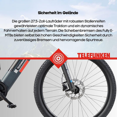 TELEFUNKEN E-Bike Mountainbike Elektrofahrrad Alu, 8 Gang Kettenschaltung - Pedelec MTB 27,5 Zoll, Hinterradmotor, 250W, Hydr. Scheibenbremsen, Grau, Aufsteiger M936