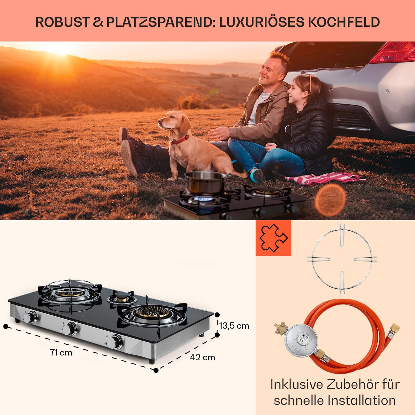 Klarstein Gaskocher mit Zündsicherung, Tragbarer, für Außen- & Innenbereich, Sicheres Gaskochfeld, Gasherd für Camping mit Edelstahlgehäuse, Flüssiggas