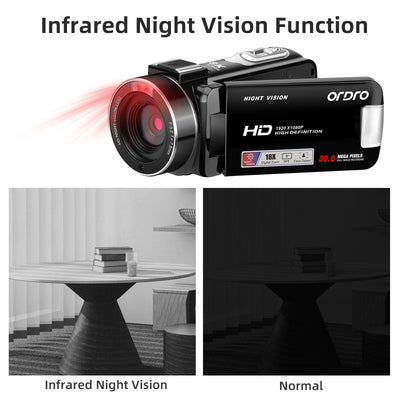 ORDRO B320 Videokamera Camcorder 1080P, 18X Zoom Vlog Kamera, Nachtsicht Kamera, 270° Drehbares HD-Display für Vlogging, YouTube und Videoaufnahmen