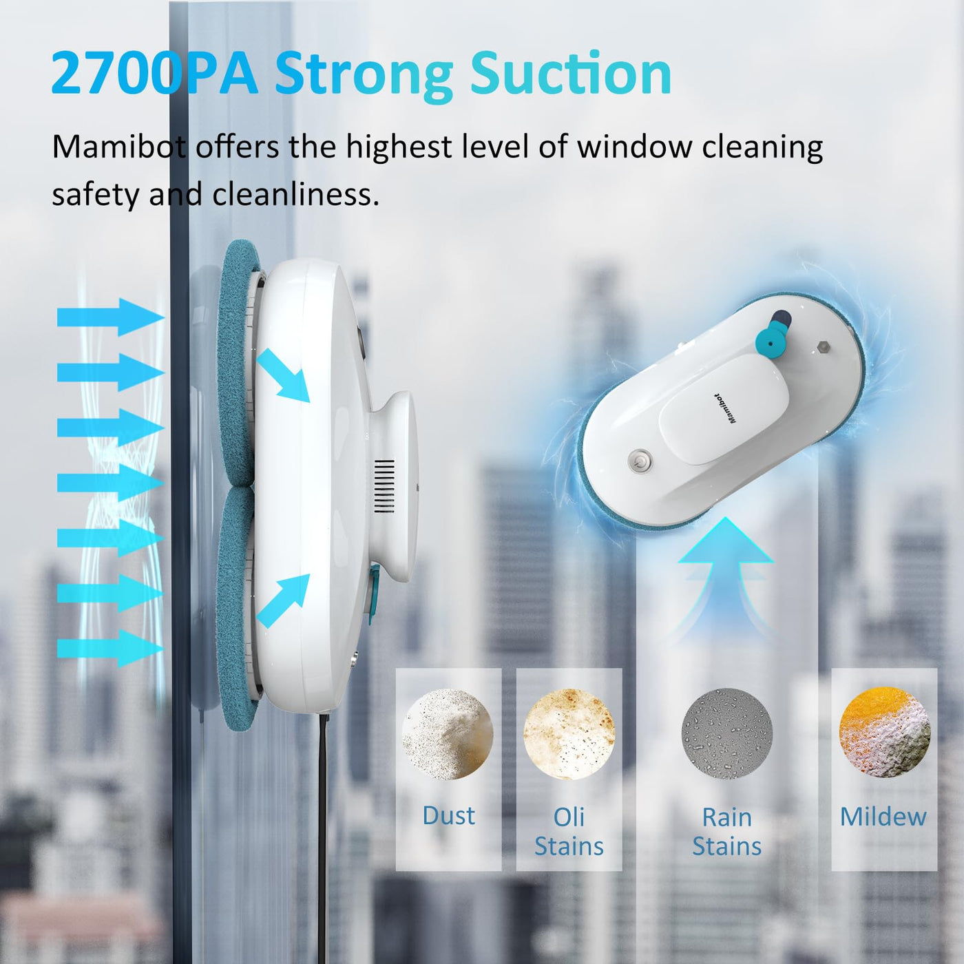 Mamibot W110-P Fensterputzroboter, automatischer intelligenter Navigations-Staubsauger Anti-Drop, mit APP und Fernbedienung, für Glas, Fliesen, 12 Stück Tücher (Weiss)