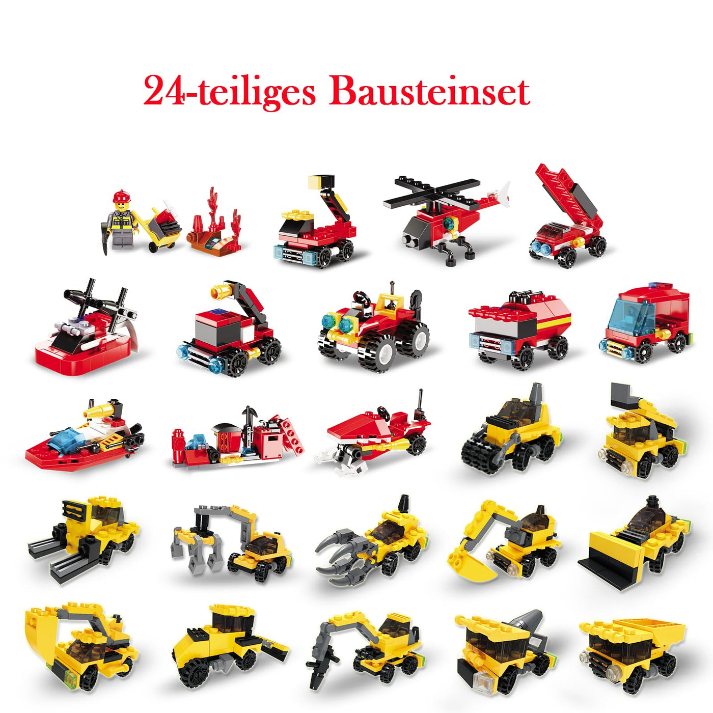 Rosami Adventskalender 2025 Kinder – Weihnachtskalender mit 24 Weihnachtsspielzeuge, Auto-Bausteine & Feuerwehr-Spielzeug, Geschenk für Jungen Mädchen